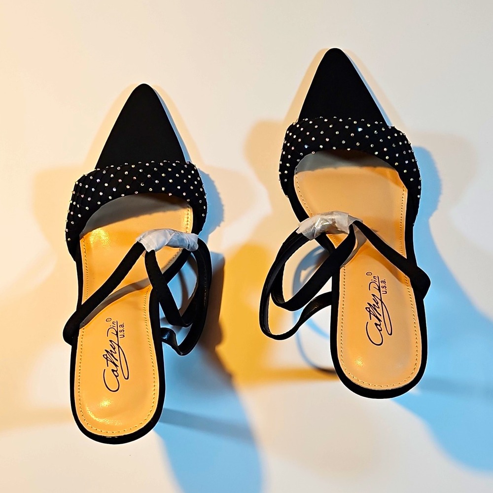 Cathy Din Black Synthetic Strappy Rhinestone Pointed Toe Slip On Heel Women 10